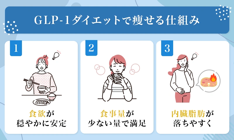 GLP-1ダイエットは食欲を落ち着けて食事量を自然に減らすことで減量をサポートする