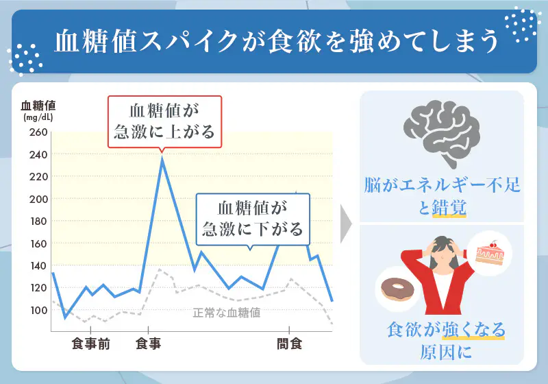 血糖スパイクが起こると脳はエネルギーが足りないと錯覚して間食を促すように命令を出す